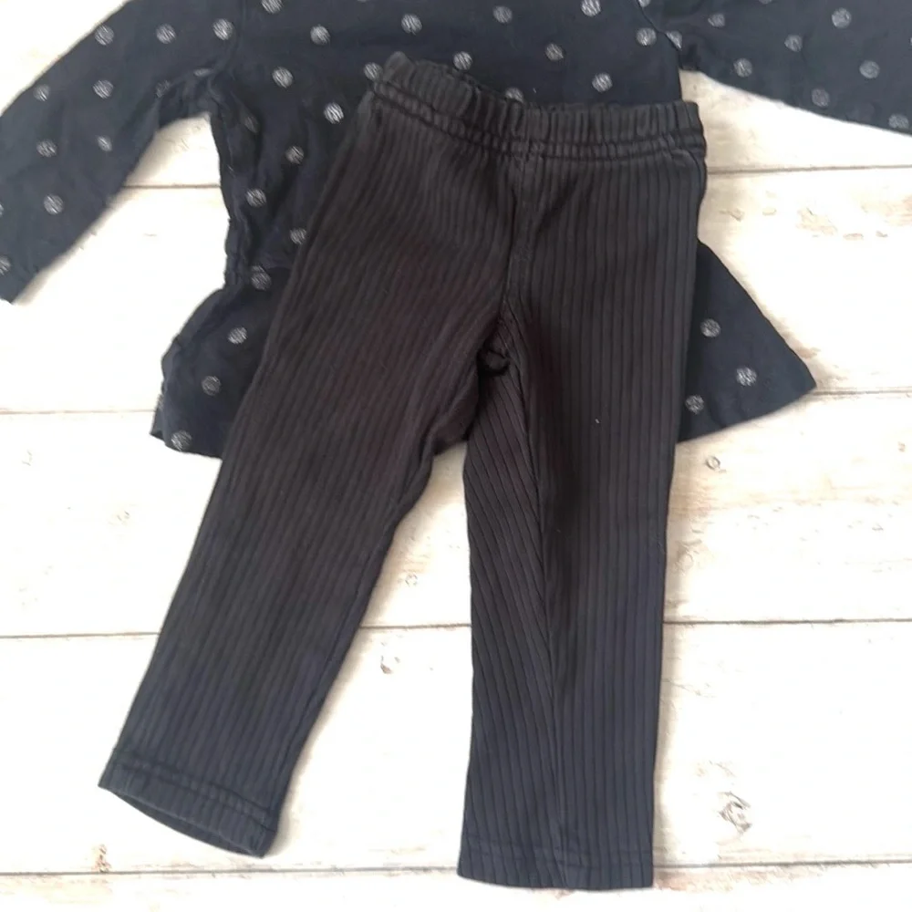 Carters 12m Baby Girl Outfit Black Leggings Long Sleeve Peplum Polka Dot Top